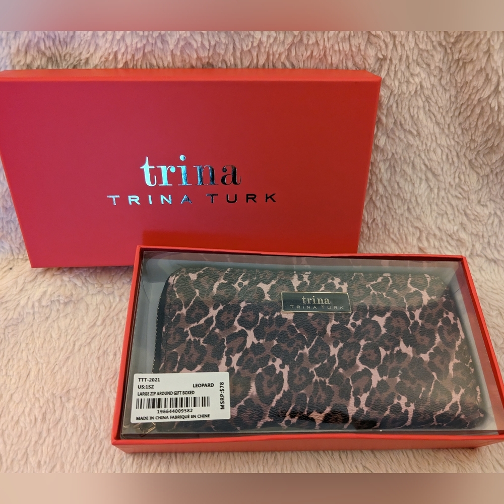 Trina Turk large zip around wallet leopard print, boxed NWT